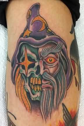 Half Skull Half Wizard Tattoo On Leg