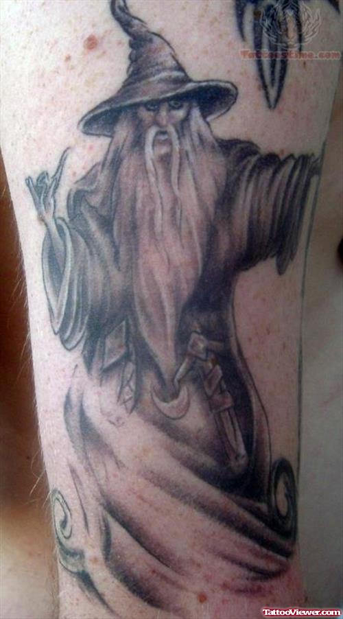 Half Sleeve Grey Ink Wizard Tattoo