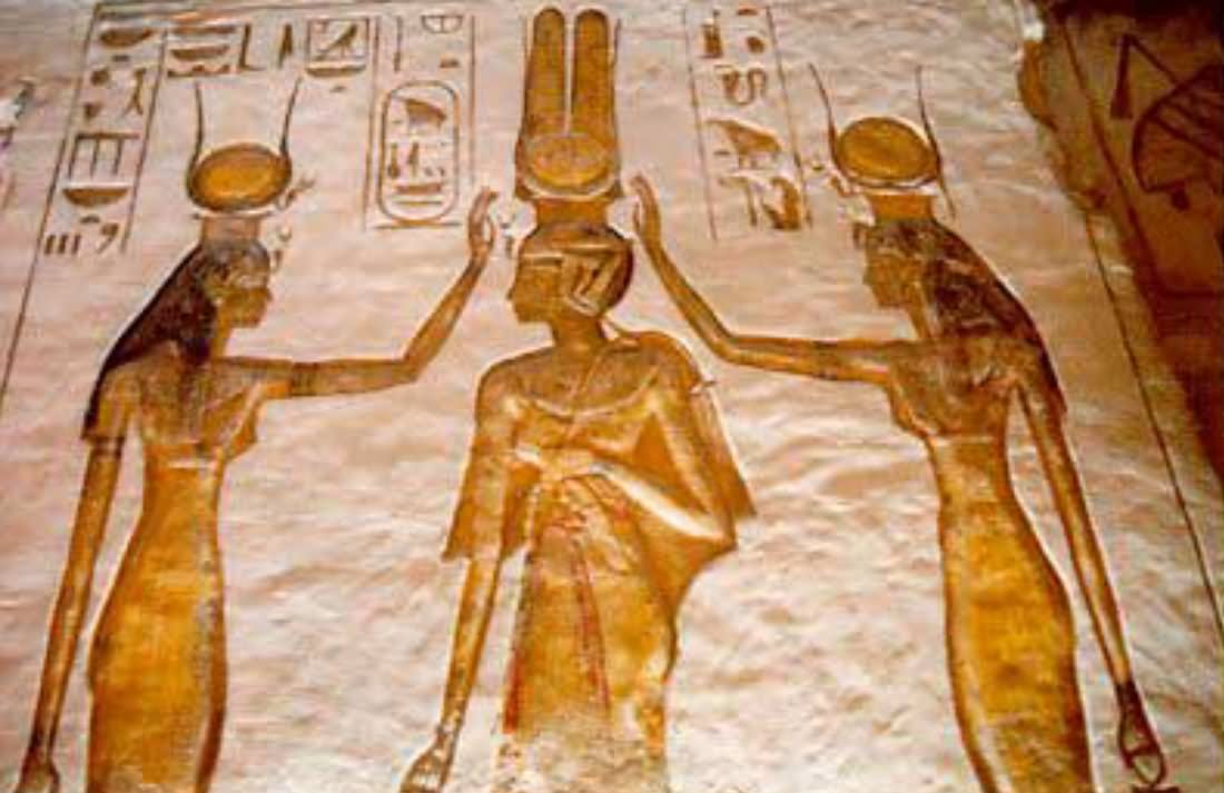 Hathor And Isis Blessing Nefertari Inside The Abu Simbel Temple
