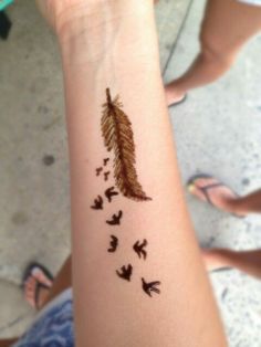 Henna Feather With Flying Birds Tattoo On Forearm By Lizzie