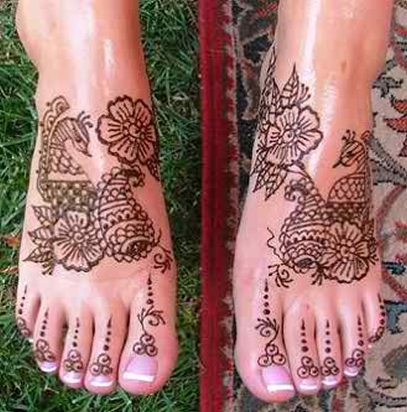 Henna Peacock With Flowers Tattoo On Feet