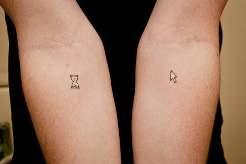 Hourglass And Cursor Geek Tattoos On Forearm