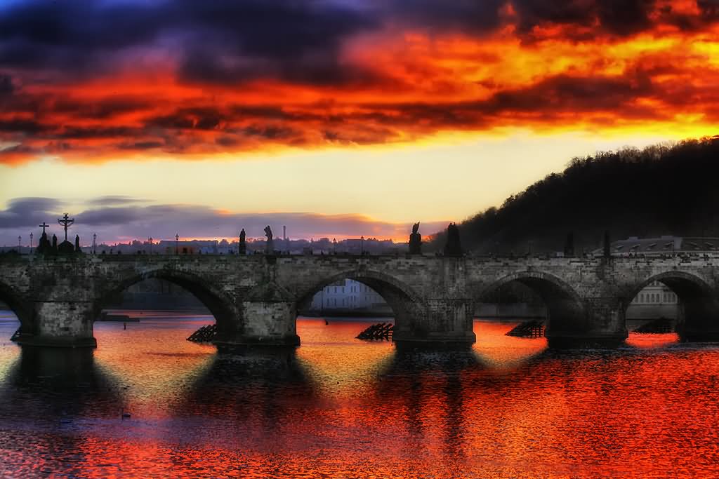 Incredible Sunset View Of The Charles Bridge, Prague