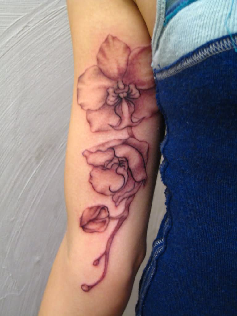Inner Bicep Grey Ink Orchid Tattoo For Girls