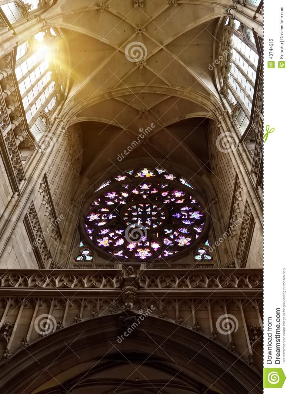 Interior With Stained Glass Window Of Gothic St. Vitus Cathedral