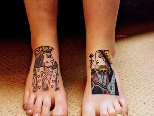 King And Queen Card Tattoo On Feet