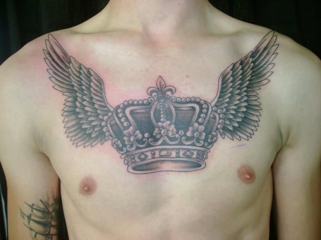 King Crown With Wings Tattoo On Man Chest