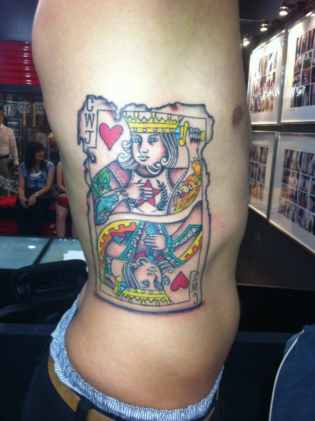 King Of Hearts Tattoo On Man Side Rib