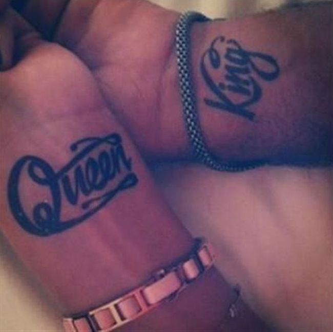 King Queen Lettering Tattoo On Couple Wrist
