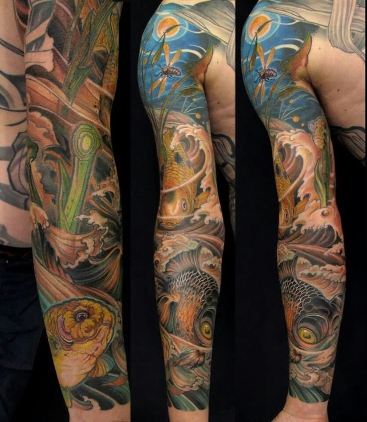 Koi Fishes Scenery Tattoo On Full Sleeve