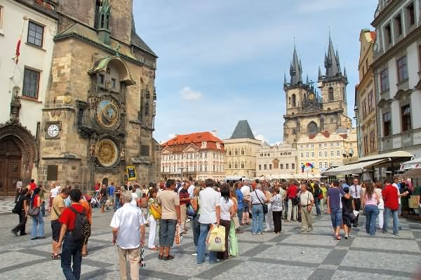 Large Number Of Tourists At The Old Town Square In Prague