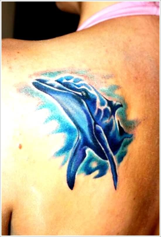 Left Back Shoulder Blue Dolphin Tattoo
