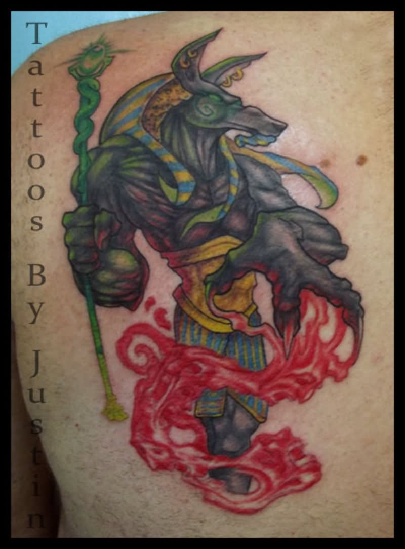 Left Back Shoulder Colored Anubis Tattoo