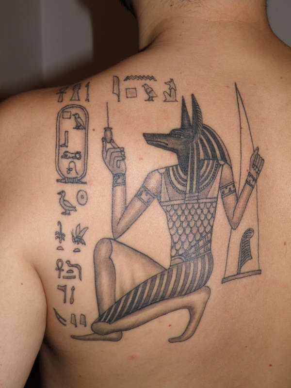 Left Back Shoulder Grey Ink Anubis Tattoo