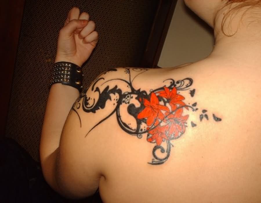 Left Back Shoulder Orchid Tattoo For Women