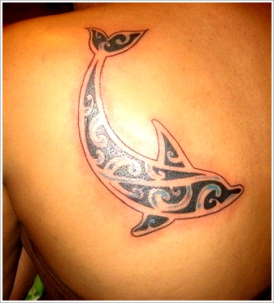 Left Back Shoulder Tribal Dolphin Tattoo