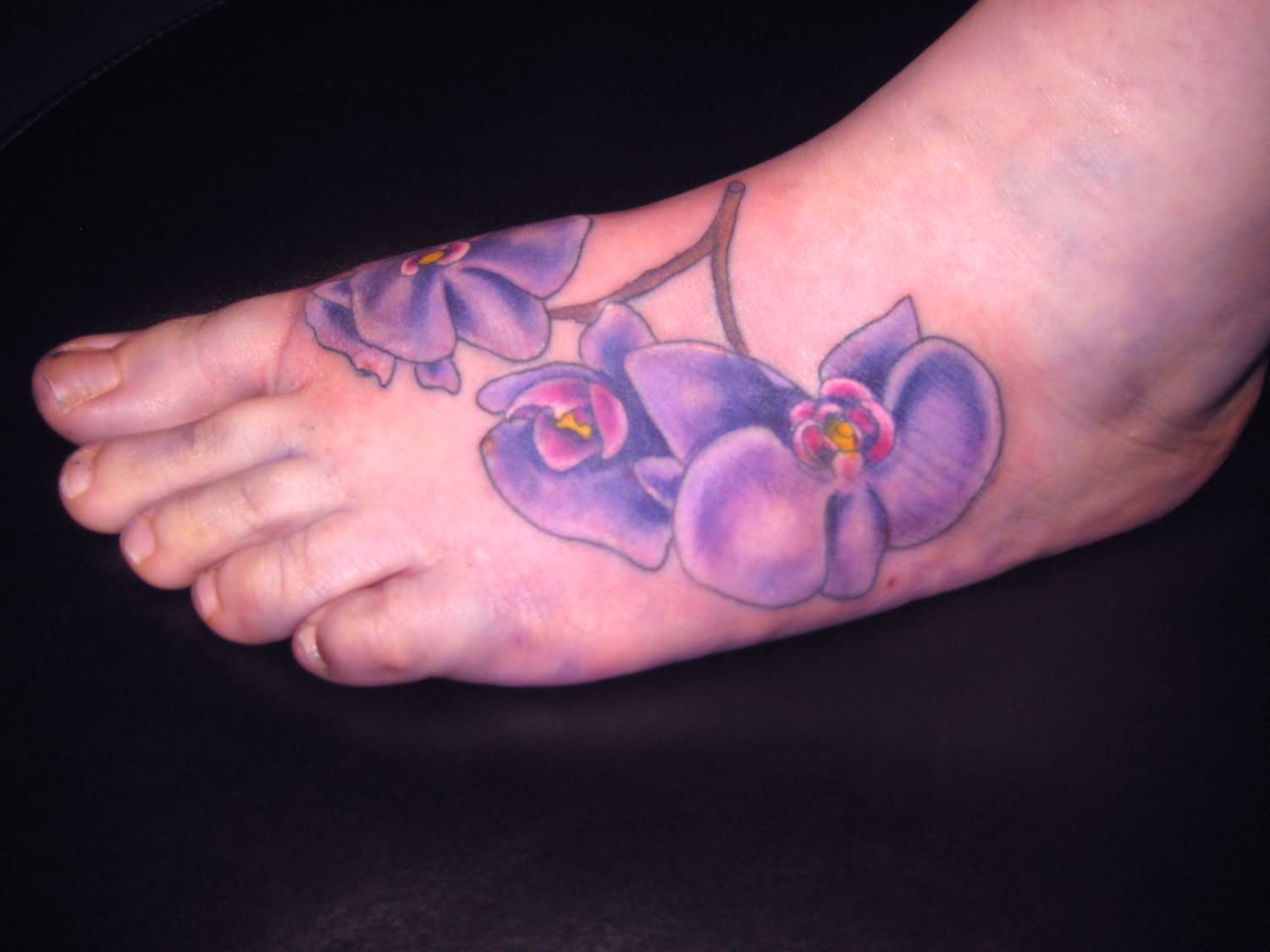 Left Foot Purple Orchid Flower Tattoo