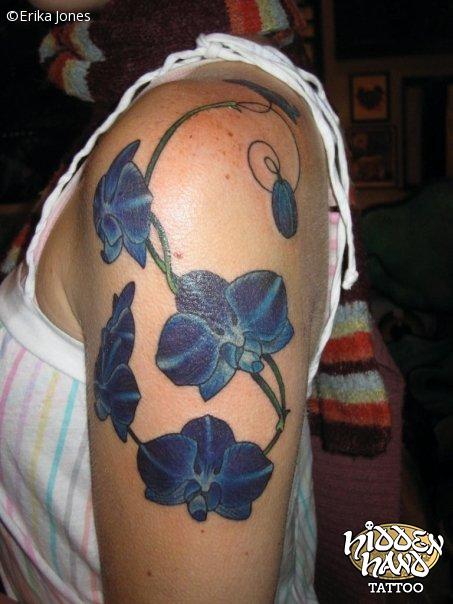 Left Half Sleeve Blue Orchid Tattoo For Girls