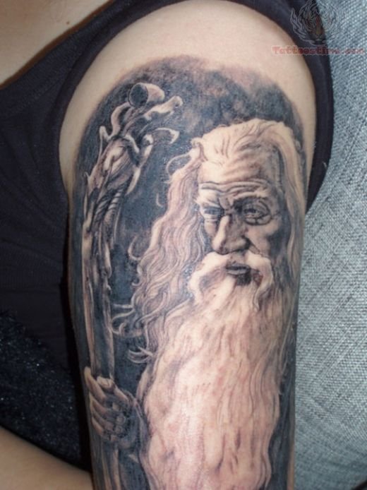 Left Half Sleeve Grey Ink Wizard Tattoo