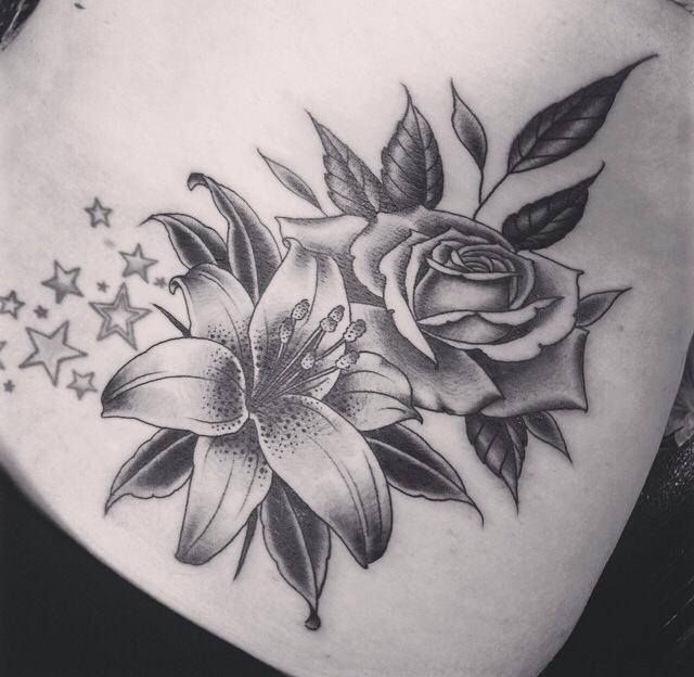 Lily Flower And Black And White Orchid Tattoo