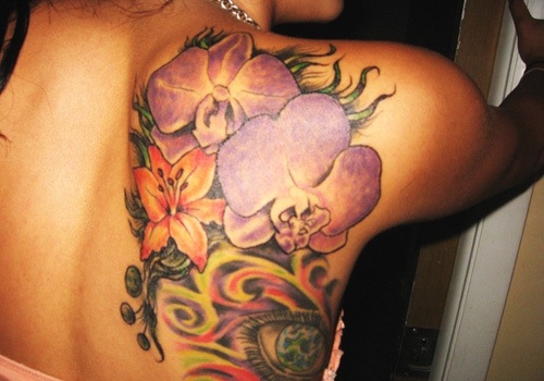 Lily Flower And Orchid Tattoo On Right Back Shoulder For Men