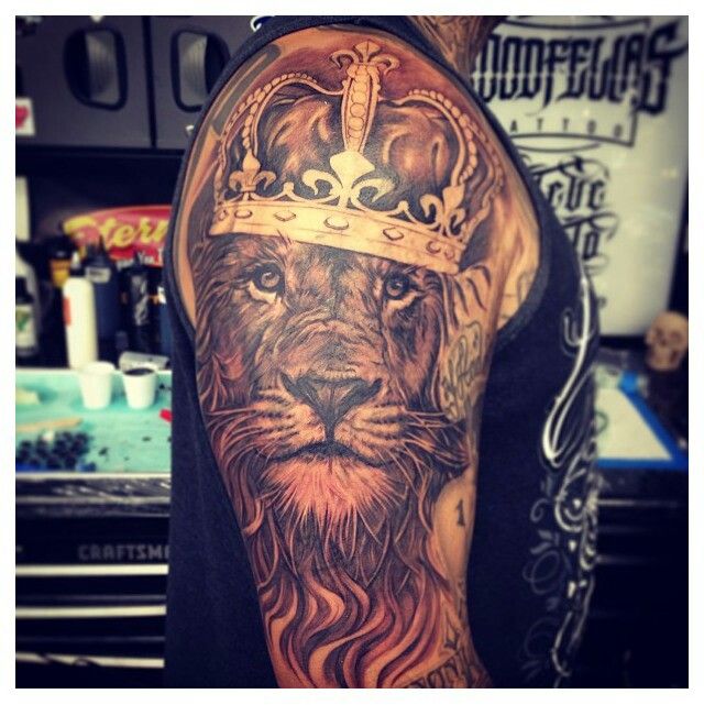 Lion Head With King Crown Tattoo On Right Half Sleeve