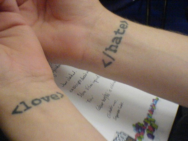 Love Hate HTML Tags Geek Tattoos On Wrist