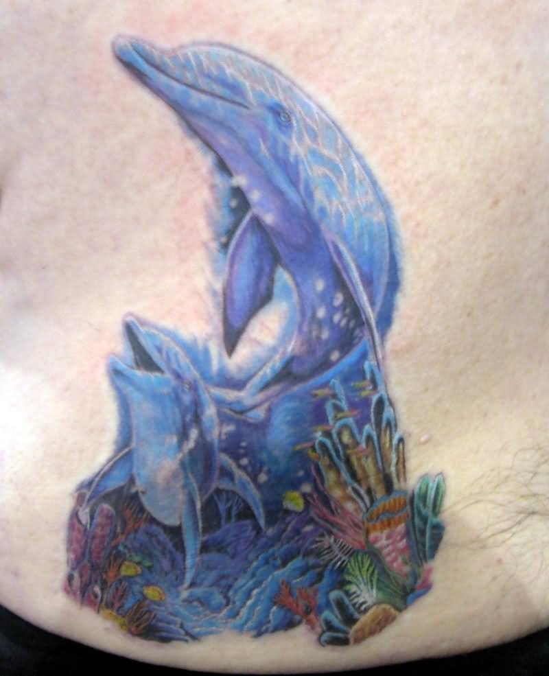 Lower Back Colored Dolphin Tattoos