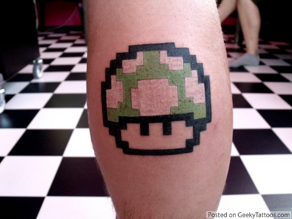 Mario Mushroom Tattoo On Back Leg