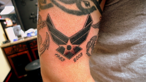 Memorial Black Air Force Military Logo Tattoo On Half Sleeve