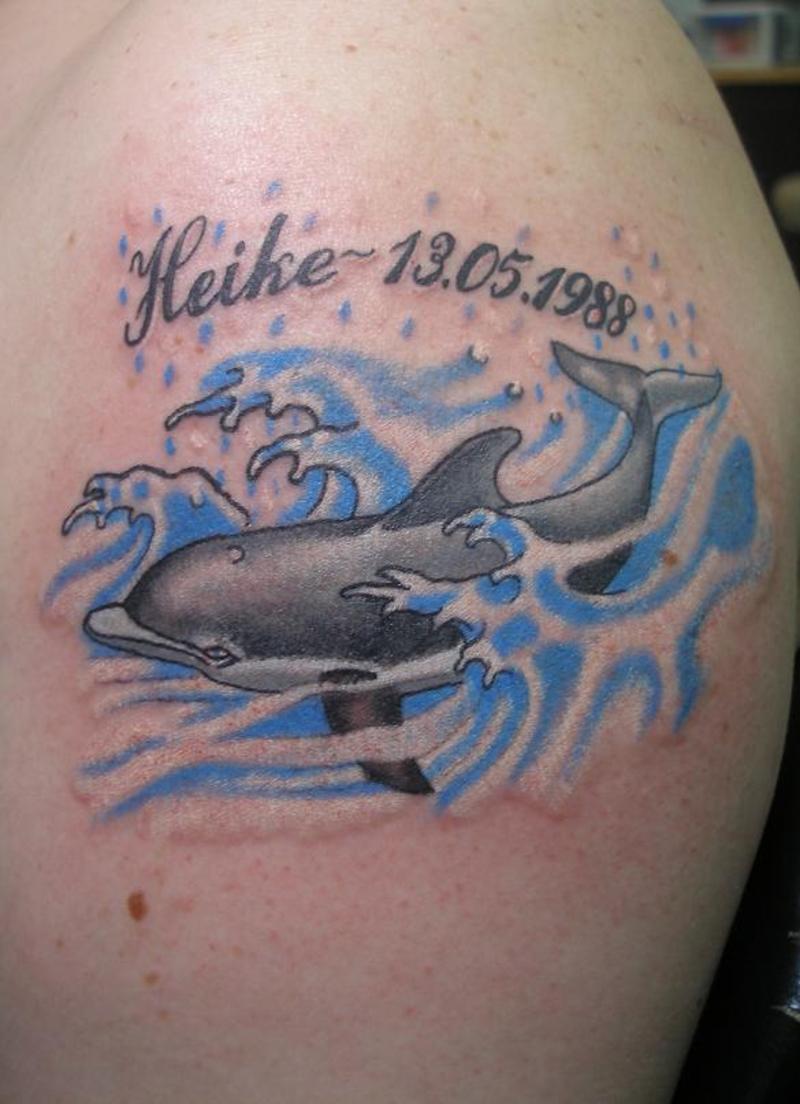 Memorial Dolphin Tattoo On Leg