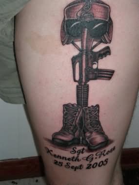 Memorial Military Boots Rifle Helmet Tattoo Design For Thigh