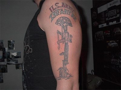Memorial Military Boots Rifle Helmet Tattoo On Left Half Sleeve