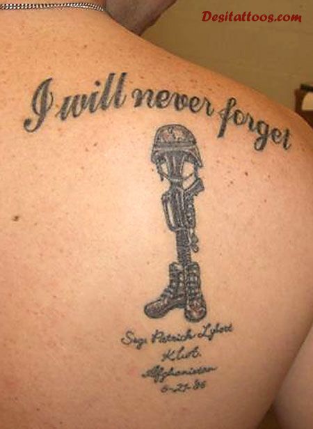 Memorial Military Boots Rifle Helmet Tattoo On Right Back Shoulder