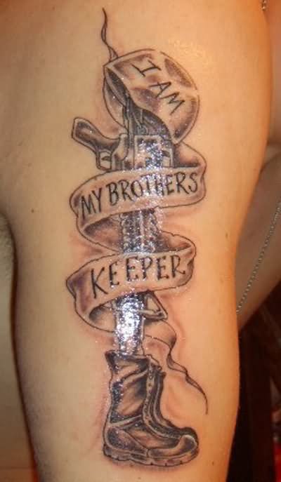 Memorial Military Boots Rifle Helmet With Banner Tattoo Design For Half Sleeve