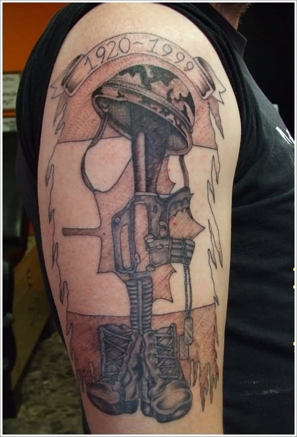 Memorial Military Boots Rifle Helmet With Banner Tattoo On Half Sleeve