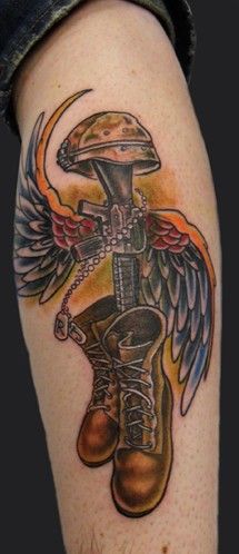 Memorial Military Boots Rifle Helmet With Wings Tattoo Design