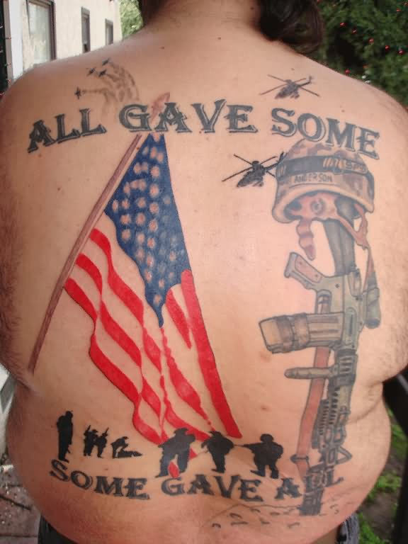 Memorial Military Equipments And USA Flag Tattoo On Full Back