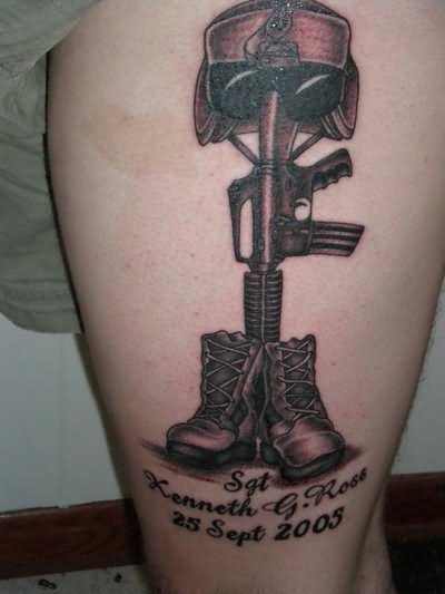 Memorial Military Equipments Tattoo Design For Thigh