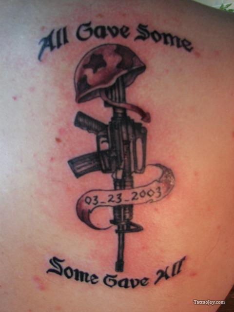 Memorial Military Equipments With Banner Tattoo On Right Back Shoulder