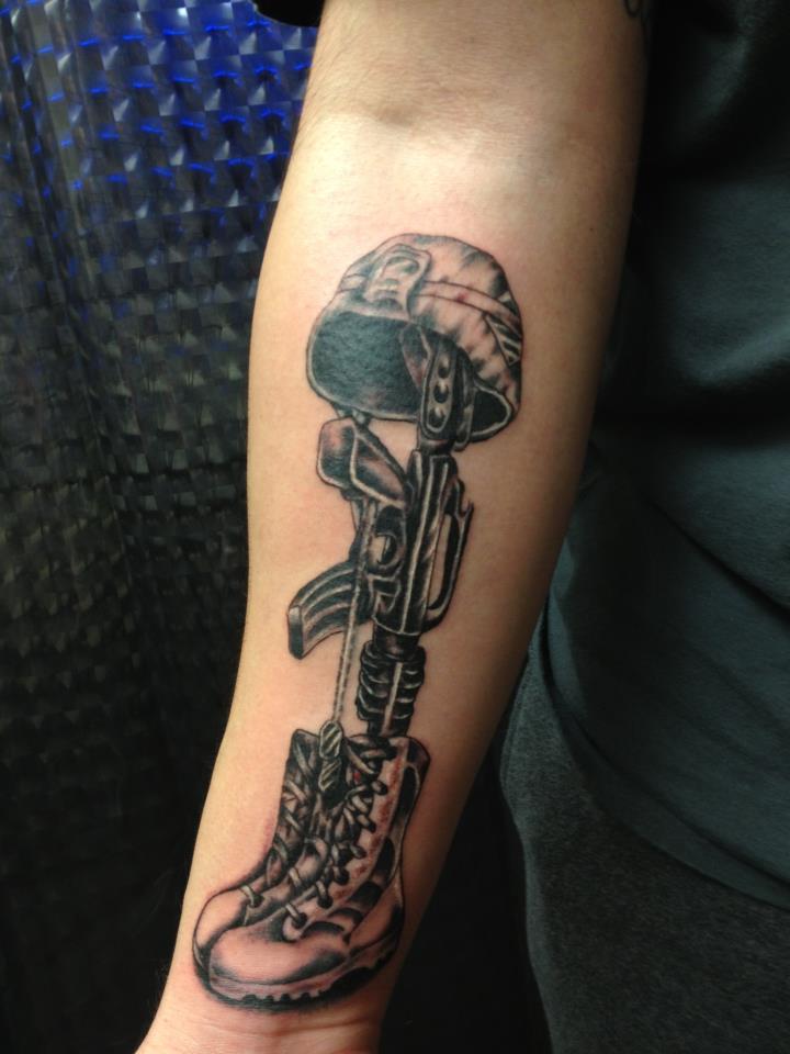 Memorial Military boots Rifle Helmet Tattoo On Forearm