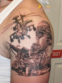 Military Helicopter With Soldier Tattoo On Left Shoulder