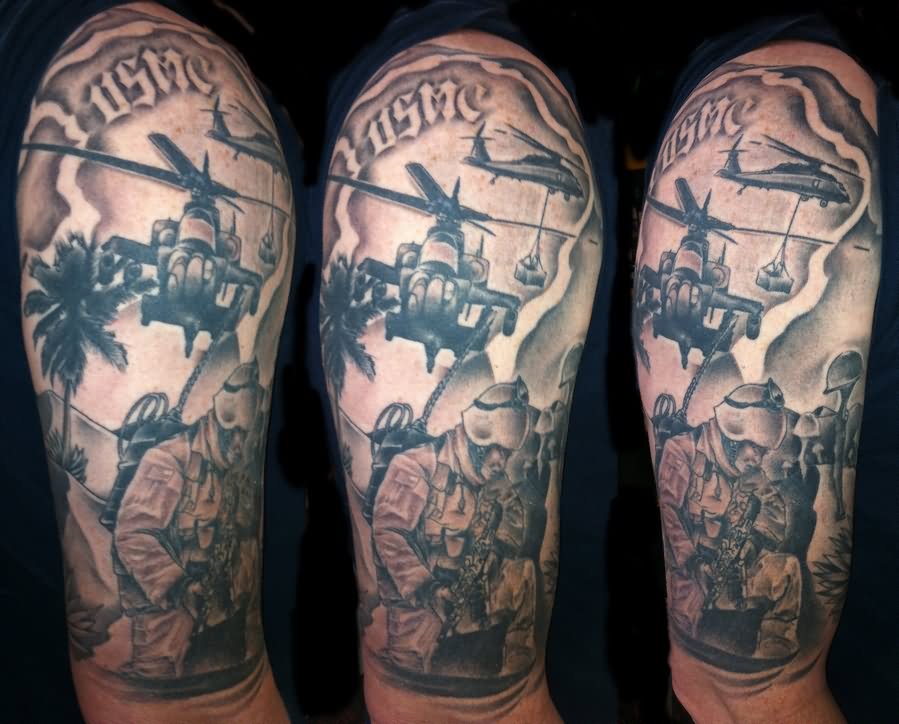 Military Helicopter With Soldiers Tattoo On Half Sleeve