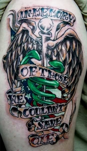 Military Medical Symbol With Banner Tattoo On Half Sleeve