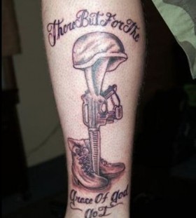 Military Quotes With Equipments Tattoo On Forearm