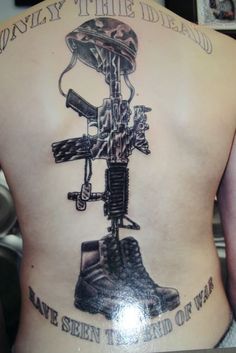Military Quotes With Equipments Tattoo On Full Back