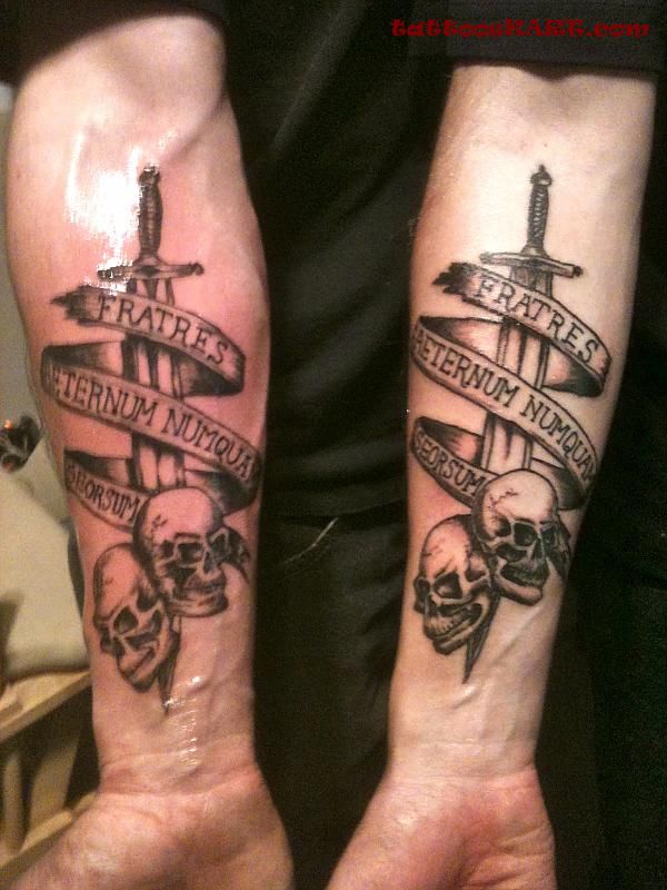 Military Skulls With Dagger And Banner Tattoo On Sleeve