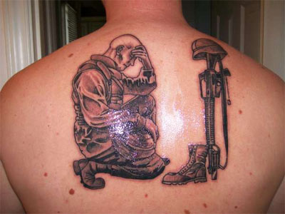 Military Soldier With Equipments Tattoo On Upper Back