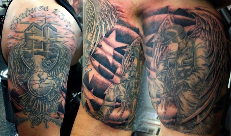 Military Tattoo On Right Half Sleeve