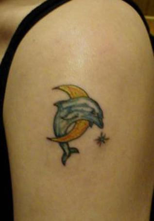 Moon And Dolphin Tattoo On Left Shoulder